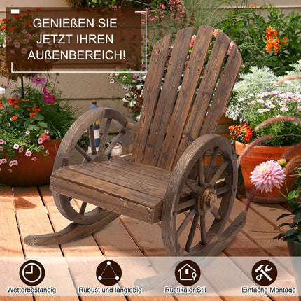 Rocking chair, rustic wood, dark brown, wheel design