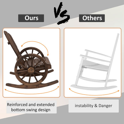 Rocking chair, rustic wood, dark brown, wheel design