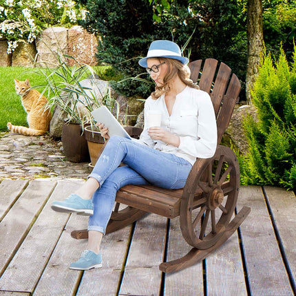 Rocking chair, rustic wood, dark brown, wheel design