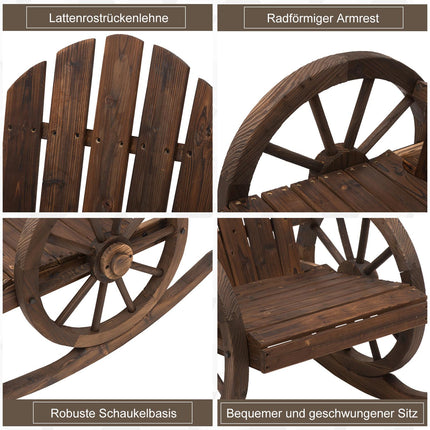 Rocking chair, rustic wood, dark brown, wheel design