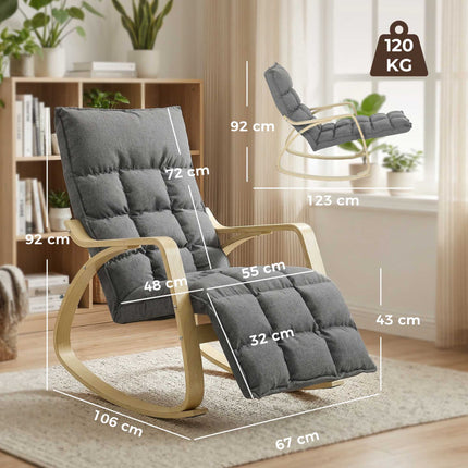 Rocking Chair with Adjustable Footrest, Padded, Grey