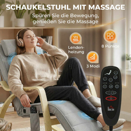 Rocking Chair with Massage, Heat, Headrest & Footrest, Velvet, Light Grey