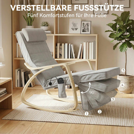 Rocking Chair with Massage, Heat, Headrest & Footrest, Velvet, Light Grey