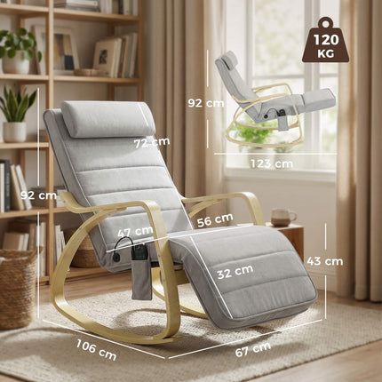 Rocking Chair with Massage, Heat, Headrest & Footrest, Velvet, Light Grey