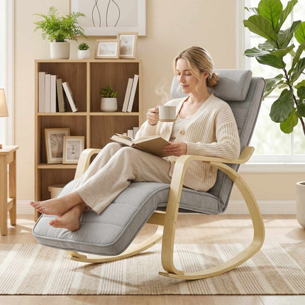 Rocking Chair with Massage, Heat, Headrest & Footrest, Velvet, Light Grey
