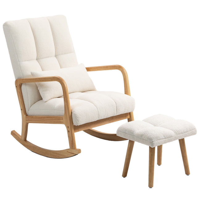 Schommelstoel met voetenbank, fleece hoes, hoge rugleuning, houten poten