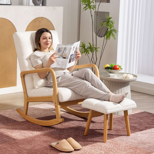 Schommelstoel met voetenbank, fleece hoes, hoge rugleuning, houten poten