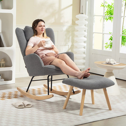 Rocking Chair with Ottoman, Fleece Cover, Wood Legs, Dark Gray