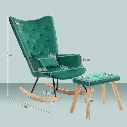 Green Velvet-Look Wing Chair with stool and cushion