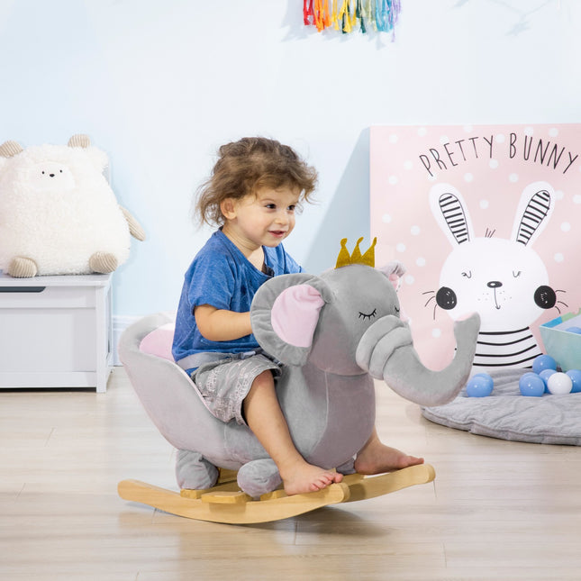 Wooden rocking horse elephant - gray and pink, ages 18 million+