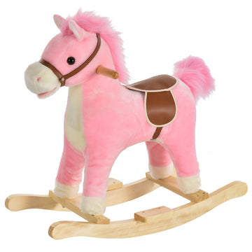 Pink plush rocking horse toy with sound, ages 3-6, 65 cm