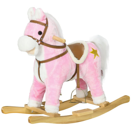 Pink plush rocking horse with sound - 3-6 years, wooden base