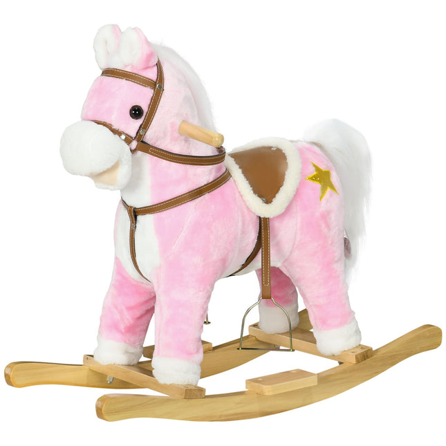 Pink plush rocking horse with sound - 3-6 years, wooden base
