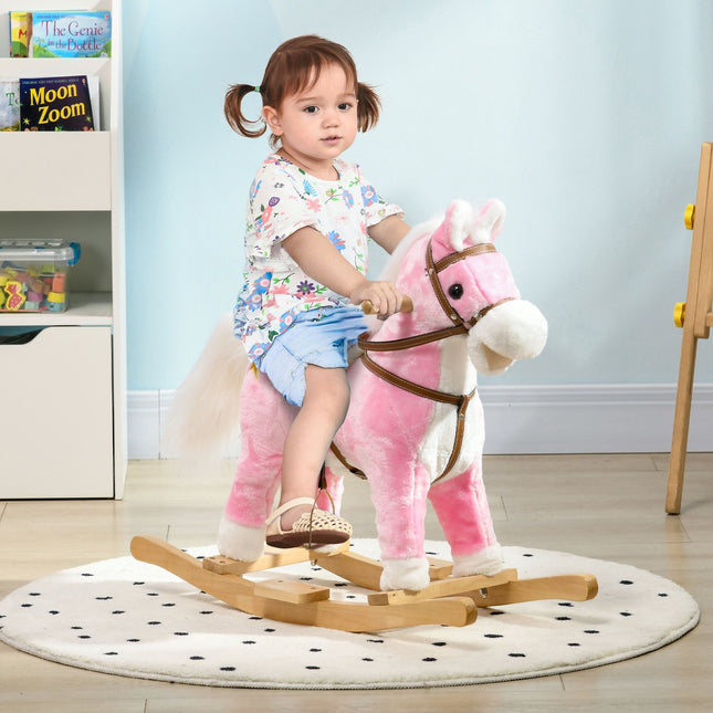 Pink plush rocking horse with sound - 3-6 years, wooden base