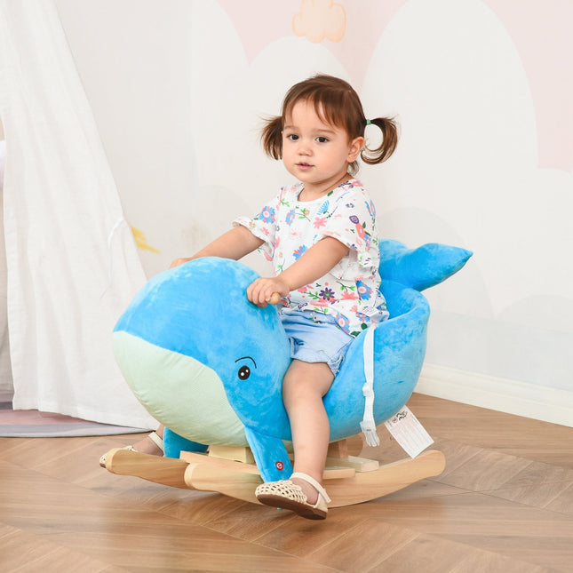 Blue plush whale rocking horse toy, sound, 18-36 months