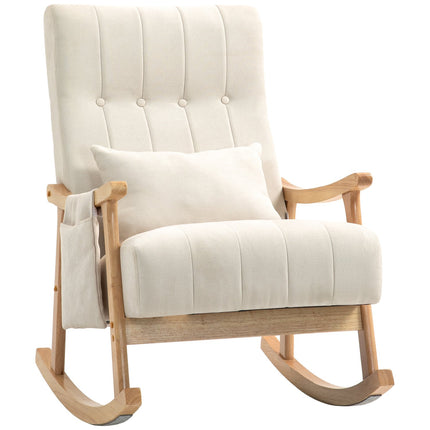 Schommelstoel gevoerde schommelstoel met lendenkussen zijvak relaxstoel houten frame linnenlook voor woonkamer slaapkamer beige