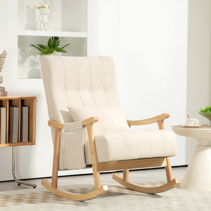 Schommelstoel gevoerde schommelstoel met lendenkussen zijvak relaxstoel houten frame linnenlook voor woonkamer slaapkamer beige