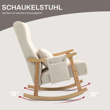 Schommelstoel gevoerde schommelstoel met lendenkussen zijvak relaxstoel houten frame linnenlook voor woonkamer slaapkamer beige