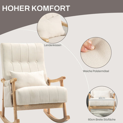 Schommelstoel gevoerde schommelstoel met lendenkussen zijvak relaxstoel houten frame linnenlook voor woonkamer slaapkamer beige