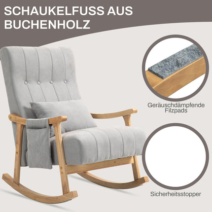 Gray padded rocking chair with lumbar support and side pocket