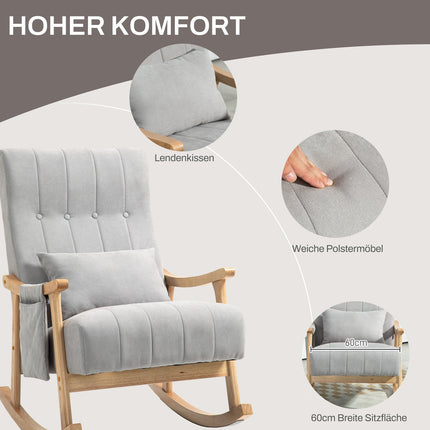 Gray padded rocking chair with lumbar support and side pocket