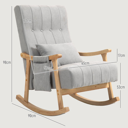 Gray padded rocking chair with lumbar support and side pocket