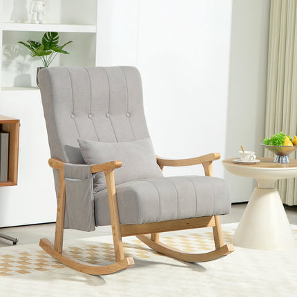 Gray padded rocking chair with lumbar support and side pocket
