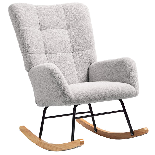 Light gray velvet rocking chair - Wooden armrests and runners