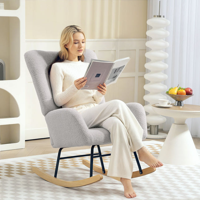 Light gray velvet rocking chair - Wooden armrests and runners