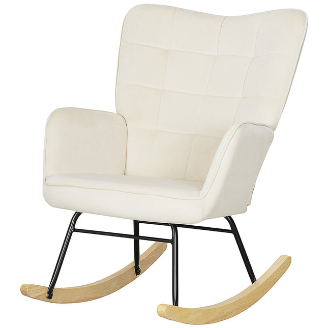 Beige velvet rocking chair with wooden runners