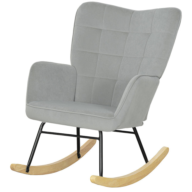 Light gray rocking chair in velvet look with wooden runners