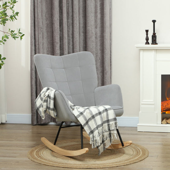 Light gray rocking chair in velvet look with wooden runners