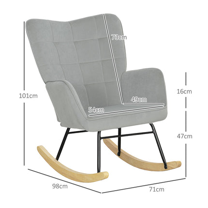 Light gray rocking chair in velvet look with wooden runners