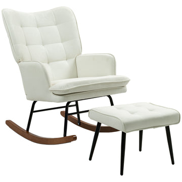 Rocking chair with stool, linen look, supports 130 kg