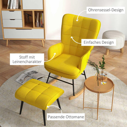Beige rocking chair in linen look with ottoman, 130 kg Capacity