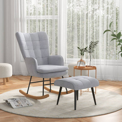Light gray rocking chair in linen look with stool, 130 kg Capacity