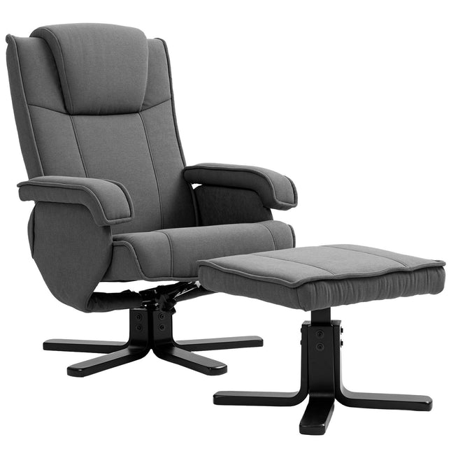 Schommelstoel met voetenbankje, bekleding van fluweellook, draaibare gestoffeerde stoel, houten frame, grijs