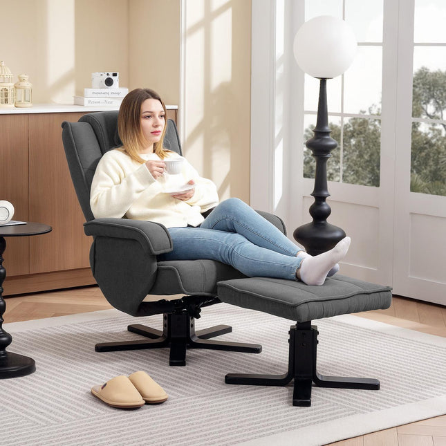 Schommelstoel met voetenbankje, bekleding van fluweellook, draaibare gestoffeerde stoel, houten frame, grijs