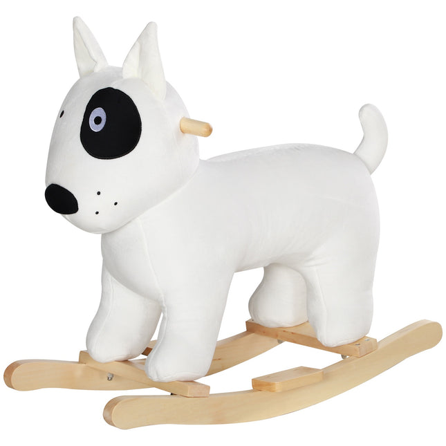Plush rocking dog toy with sound, wooden base, ages 2-4