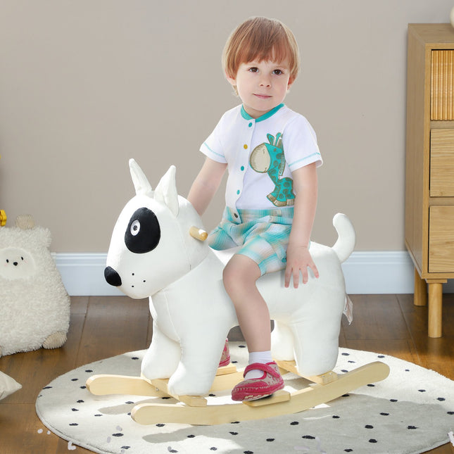 Plush rocking dog toy with sound, wooden base, ages 2-4