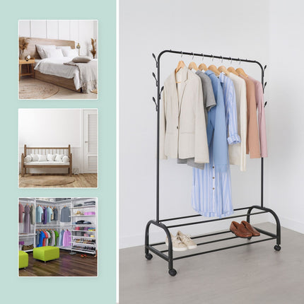 Rollable Iron Clothing Rack with 2 Shelves