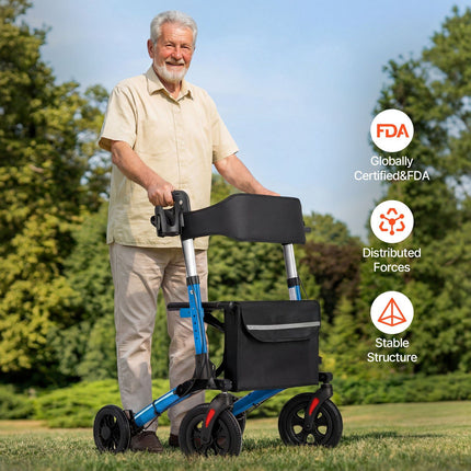 Rollator Walker with Seat, 3-Fold Aluminum, 300 lb