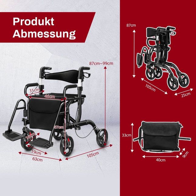 Rollator foldable and lightweight with seat 2 in 1 wheelchair & travel rollator walking aid 6-way height adjustable