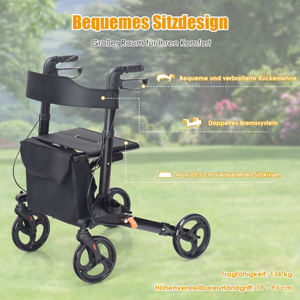 Rollator, foldable travel rollator, lightweight with seat, height-adjustable handle and bag, black