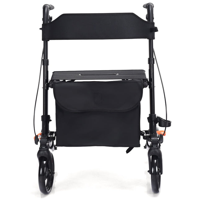 Rollator, foldable travel rollator, lightweight with seat, height-adjustable handle and bag, black
