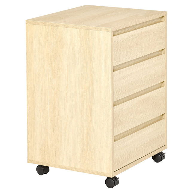 Office file cabinet with wheels, 4 drawers, natural finish
