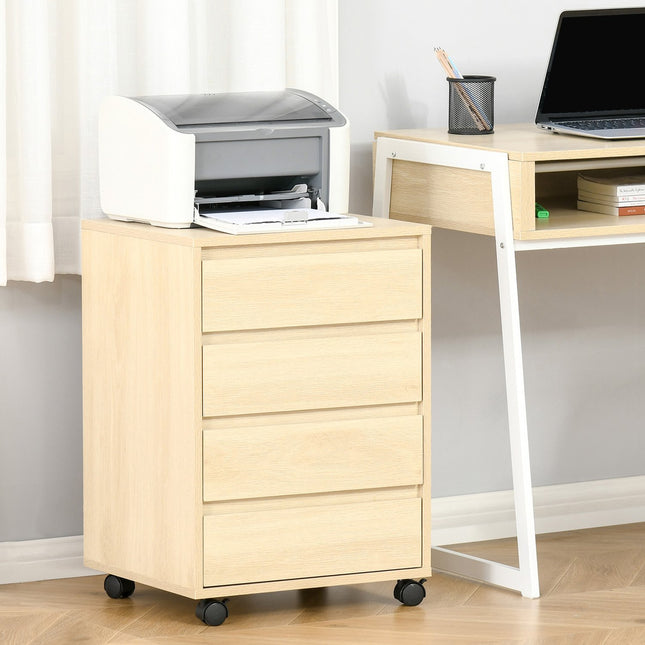 Office file cabinet with wheels, 4 drawers, natural finish