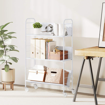 Rolling 3-Tier Metal Bookshelf, 69x26x108 cm, White