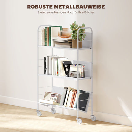 Rolling 3-Tier Metal Bookshelf, 69x26x108 cm, White