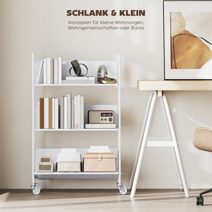 Rolling 3-Tier Metal Bookshelf, 69x26x108 cm, White